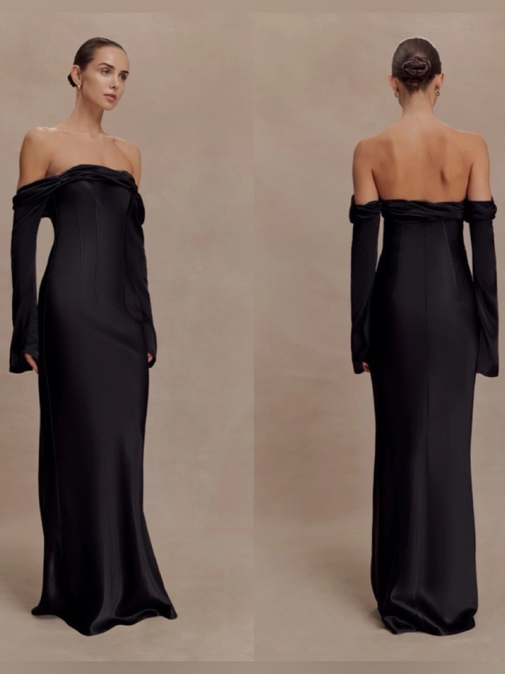 MESHKI Giselle Off Shoulder Cowl Neck Maxi Dress Black Romantic Formal